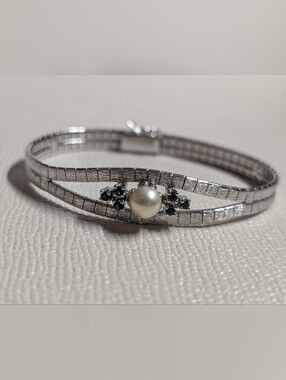 Silver Pearl & Sapphire Stone Double-Band Bracelet Stamped Vintage Omega